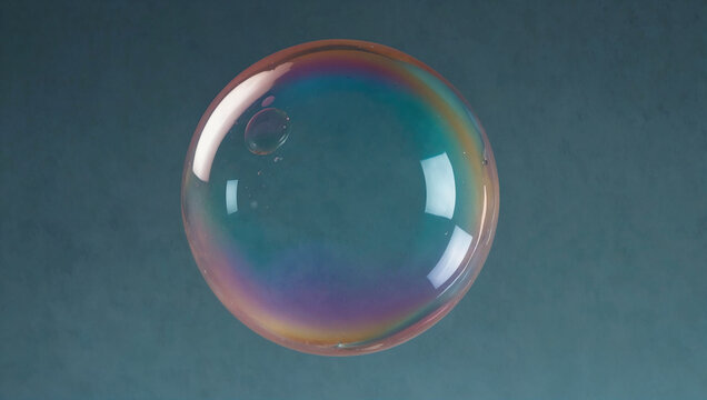 Floating Bubble: A single translucent soap bubble with a pastel iridescence, suspended against a pale blue background for a dreamy effect. Copy space.
