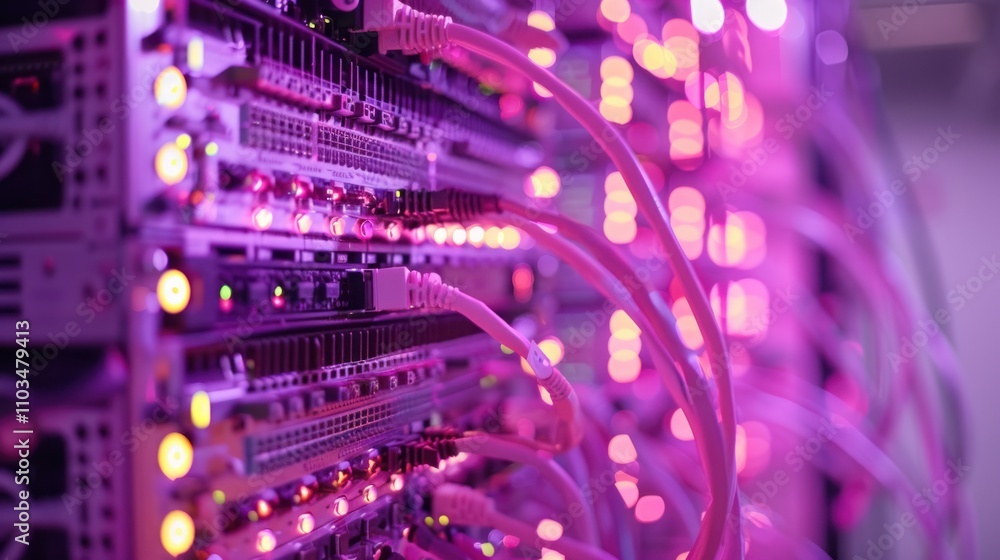 Aufkleber close-up of server hardware with glowing lights and connected cables in a data center.