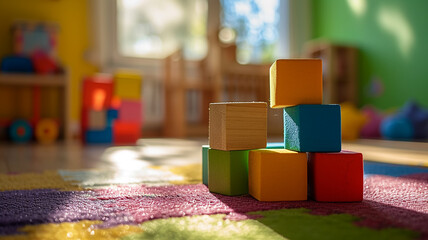 Colorful childish cubes in the room on the floor in the sunlight