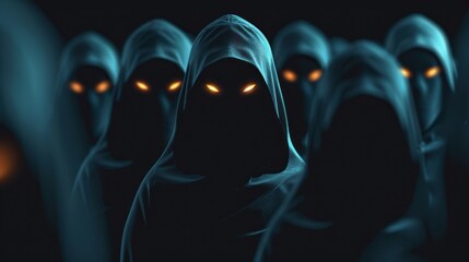 Mysterious figures in hoods with glowing eyes create an eerie atmosphere.