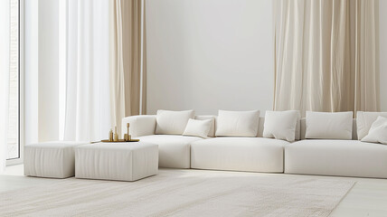 Beige corner sofa with cushions in a modern interior in daylight