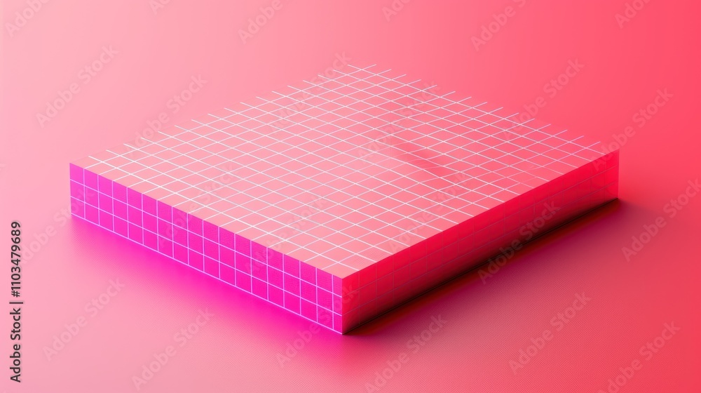 Poster a 3d grid-patterned object with a pink gradient background.