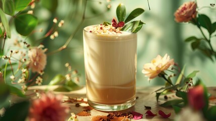 A beautifully garnished creamy drink surrounded by colorful flowers.