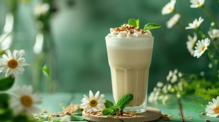 A refreshing beverage topped with cream and garnished with mint, surrounded by flowers.