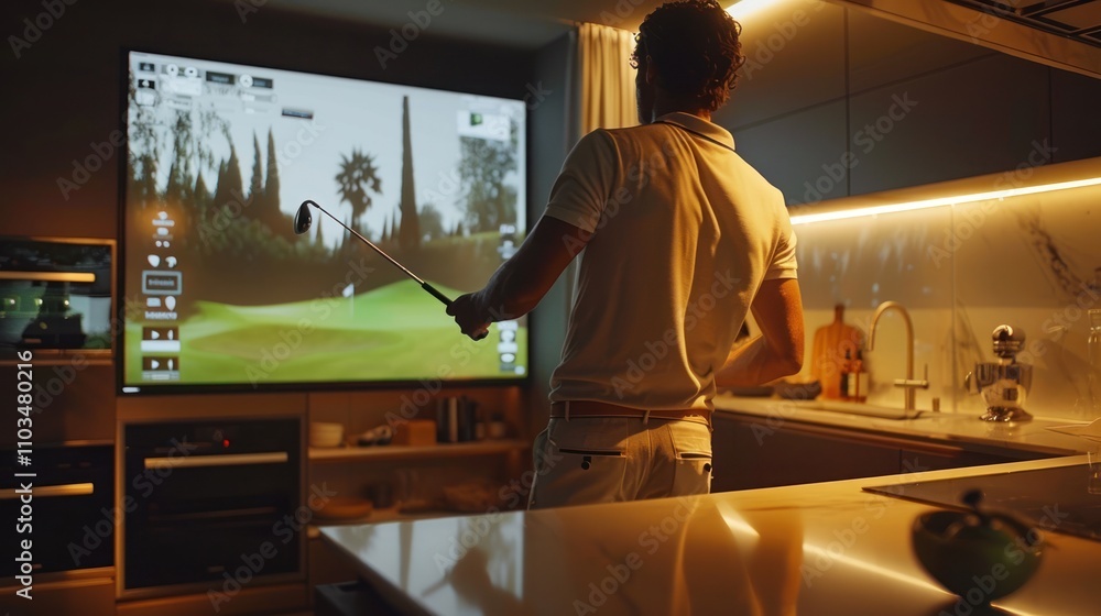 Poster a person practicing golf indoors using a virtual simulation on a large screen.