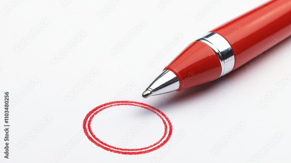 Poster a close-up of a red pen resting near a hand-drawn red circle on a blank sheet of paper, emphasizing 