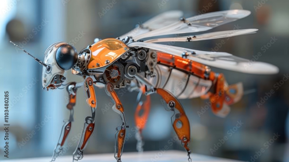 Poster a detailed robotic bee showcasing intricate mechanics and design for potential pollination tasks.