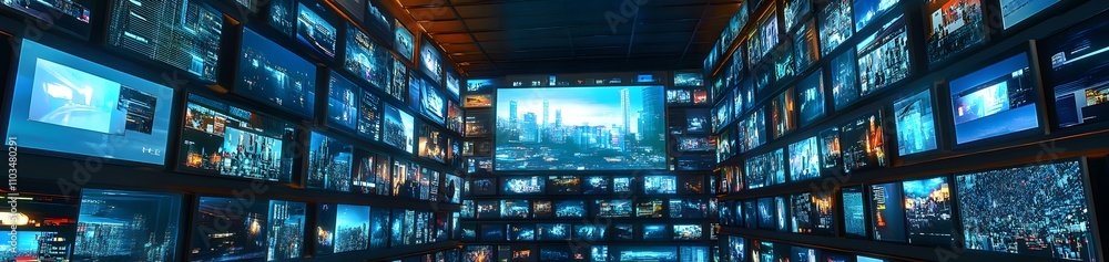 Poster a room filled with numerous screens displaying various images and videos.