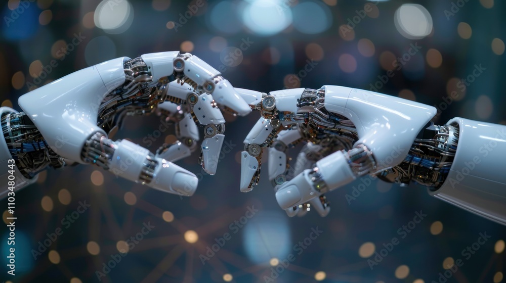 Aufkleber two robotic hands reaching towards each other, symbolizing connection and technology.