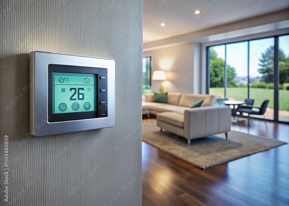 Poster close-up of a modern electronic thermostat adjusting room temperature in a stylish home environment,