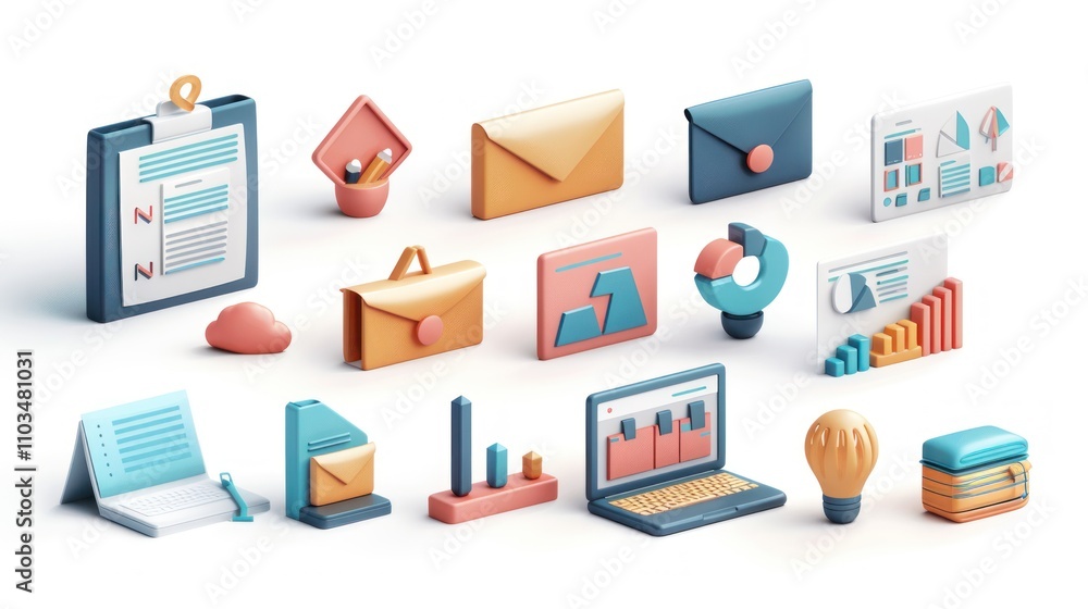 Poster a collection of 3d icons representing business and productivity tools.