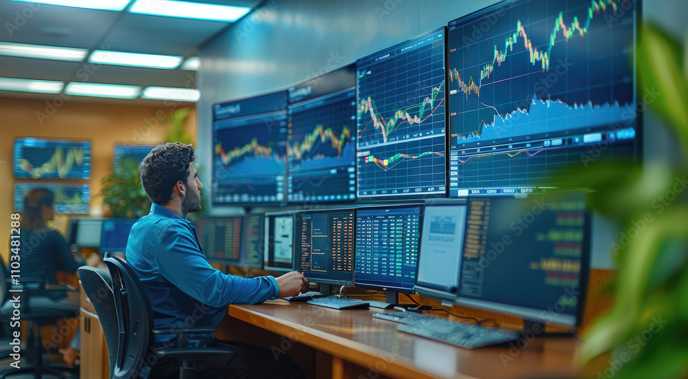 Fototapete Students in an office setting, sitting at desks with computers displaying stock market charts and trading software on the screens. A man is standing behind them, providing training.