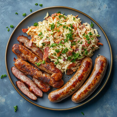 A plate of traditional German food including sausages, pork belly and cabbage on blue background.Sausage with mustard and rice dish in natural light.