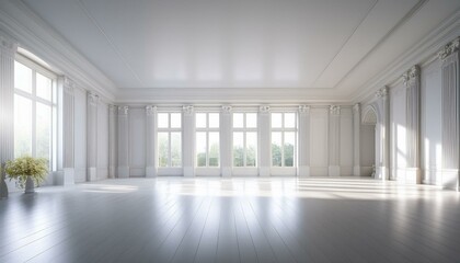 Obraz premium 白い壁と白い床が広がる、何も置かれていない広い部屋。柔らかな光が差し込み、空間に広がる静けさが感じられる。