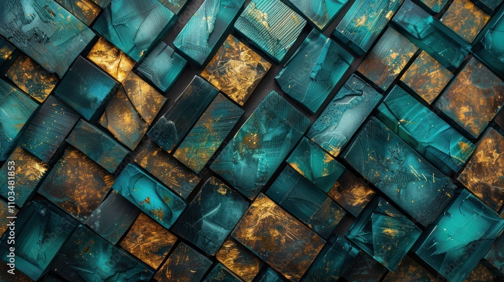 Poster a mosaic of textured tiles in teal and gold, creating an abstract visual composition.