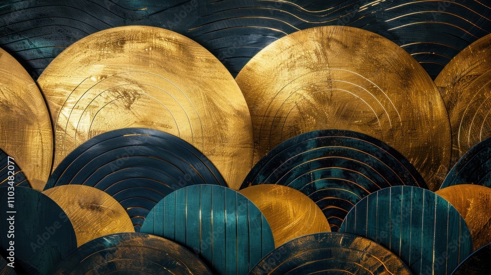 Aufkleber abstract design featuring gold and teal circular patterns with textured layers.