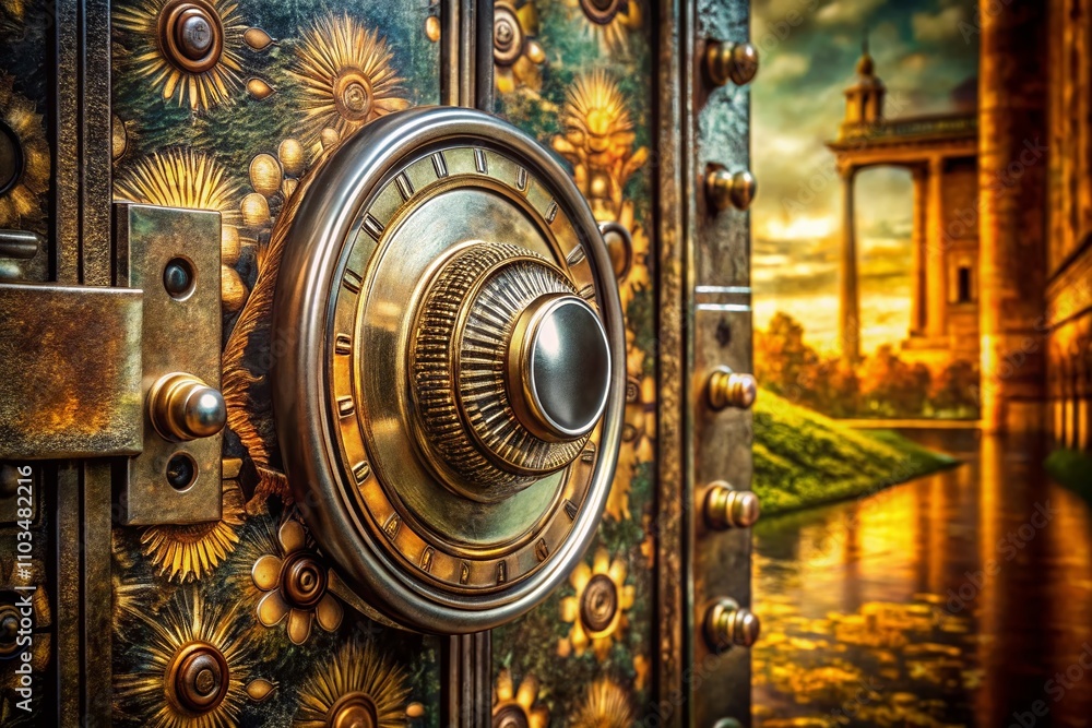 Poster close-up of a safe lock combination plate with double exposure effect, blending textures and pattern