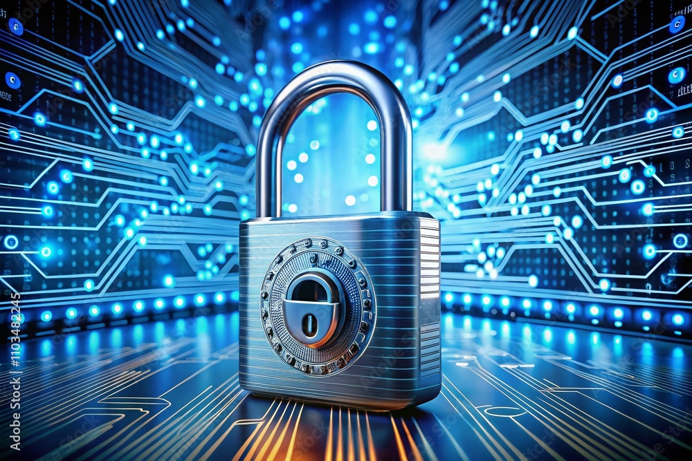 Poster close-up of a secure padlock on a digital background representing cybersecurity, data protection, an