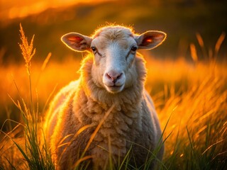 Obraz premium Close-Up of a Sheep Grazing in a Golden Grass Field at Dusk, Capturing the Warm Glow of the Setting Sun on the Animal's Wool and the Surrounding Landscape