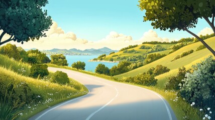 Fototapeta premium Winding Road Through Green Hills Leading to a Coastal View