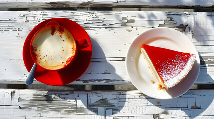 Cup of latte coffee with cheesecake on white table outside. Red cup and red cake. Sunny day. Top view.