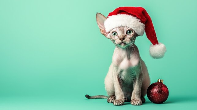 Adorable Sphynx Kitten in Santa Hat Christmas Ornament Festive Background