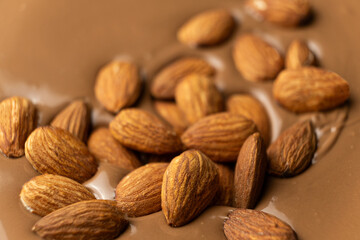 Almond nuts in melted milk chocolate macro
