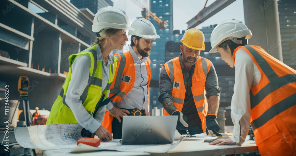 Poster portrait of diverse multiethnic team of construction workers having an open air meeting at a buildin