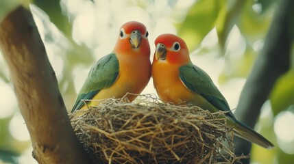 A pair of lovebirds on a branch with a small nest.m