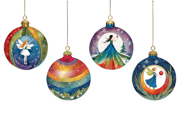 Four cut paper illustrations of four fairy-inspired baubles