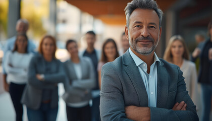 Smiling Businessman Standing in an Office During Team Meeting. Highlighting Teamwork, Success, Modern Professionalism. Corporate, Career, and Leadership Campaigns, Confident Leadership