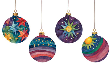 Four cut paper illustrations of star-themed baubles