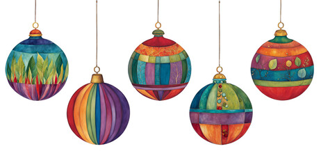 Five cut paper illustrations of baubles  in bold colours
