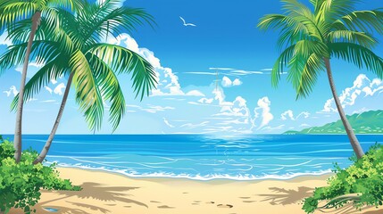 Obraz premium A cartoon illustration of a tropical beach scene with palm trees, a blue ocean, and a bright sky.