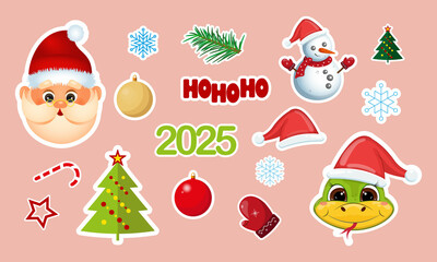 Set of christmas icons. Sticker 2025. Sticker set. Christmas. New year. Vector. Design. Snake. Santa. Hat. Star. Snowman. 