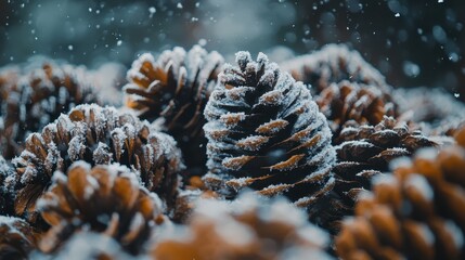 A pile of pinecones dusted with snow.