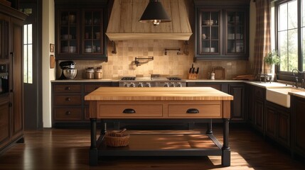 Stunning Dark Wood Kitchen Island with Natural Light