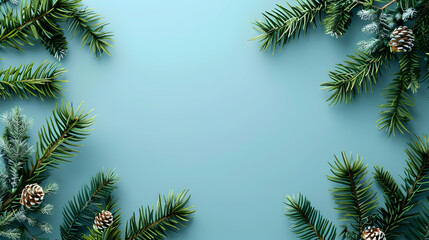 Obraz premium Fir tree branches on blue backgrund. Top view. Template for design. Christmas minimal concept.