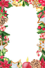 Christmas frame Watercolor hand drawn illustration with holly, gingerbread cookie, pine tree branches, red berries, golden bells, candle, candy cane. Winter holiday. Template for greeting card
