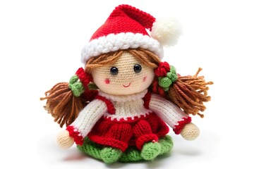 Knitted, soft, rag doll Christmas on white background