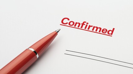 A pen rests beside a document featuring the word "Confirmed" in bold red, symbolizing validation or approval.