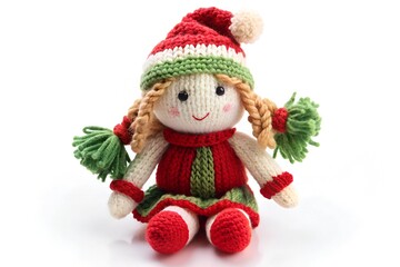 Knitted, soft, rag doll Christmas on white background