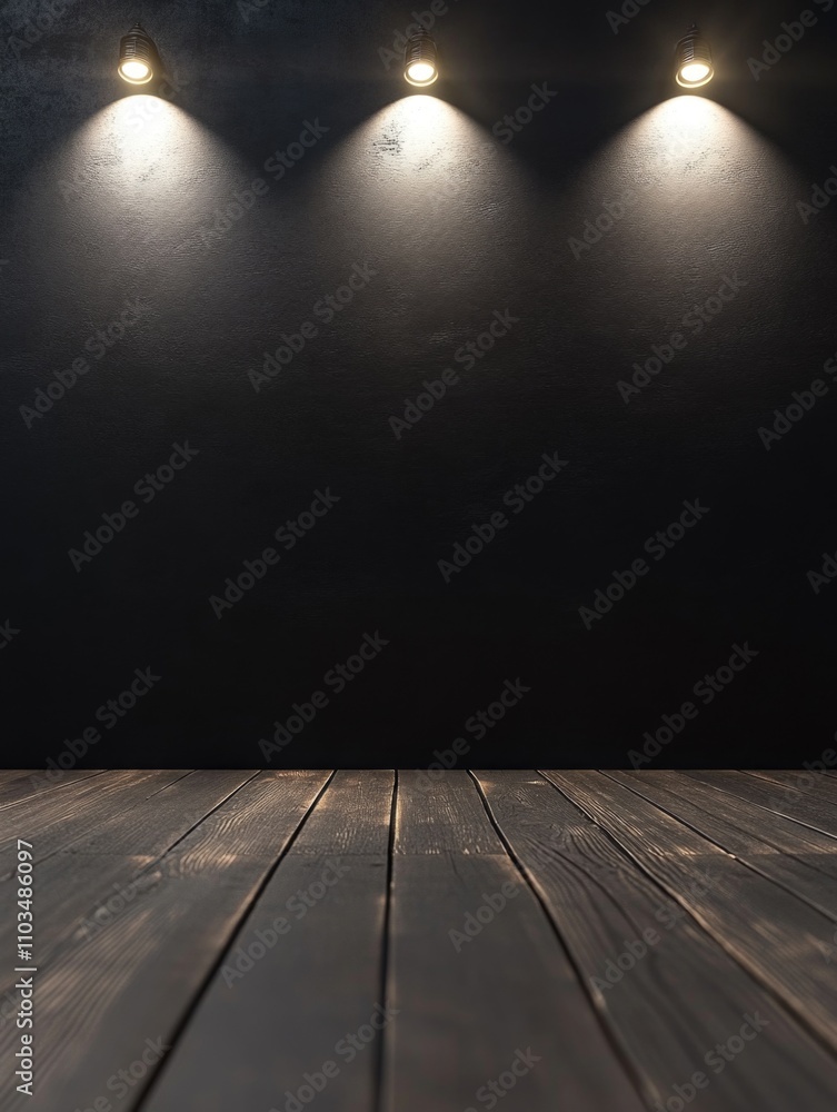 Poster the stage is set up for a show with spotlights on the wall. it's ready to host an event or performer