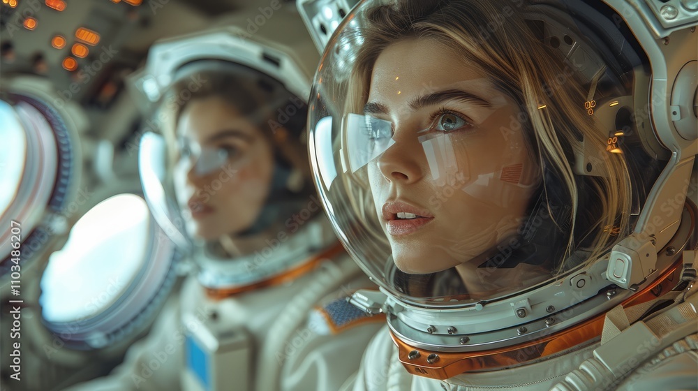 Poster two woman, both in astronaut suit with transparent helmet, are seated at the spaceship controls.