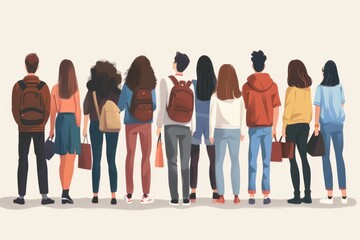 Fototapeta premium Friendly students walking together in a line, wearing casual clothes and carrying backpacks.