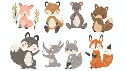 A set of eight cartoon woodland animals: a fox, a bear, a raccoon, a squirrel, a rabbit and a squirrel.