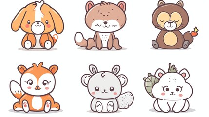 A collection of six cartoon animals, including a fox, a bear, a squirrel, a cat, a dog, and a giraffe.