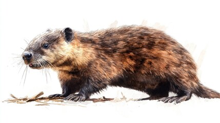 Fototapeta premium Brown badger walking forward with fur erect, standing in profile view with mouth open.