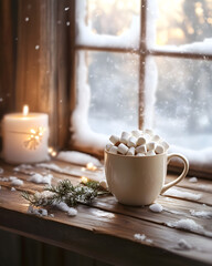 Cozy Winter Hot Chocolate by Frosted Window with Snowfall