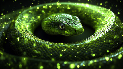 Fototapeta premium A minimalist green snake icon forming a perfect circle around the inscription 